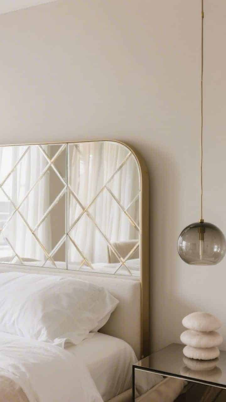 Detail closeup at a slight angle of a headboard made of beveled mirror panels with faint champagne geometric inlay lines, catching soft warm-white lighting to avoid glare; matte mushroom wall softly reflected; edge of cloud-like white bedding in frame; smoked glass pendant descending over one side, and a stacked-lacquer side table partially visible; sheer drapes in background diffusing light; palette of champagne, mushroom, white, smoke.