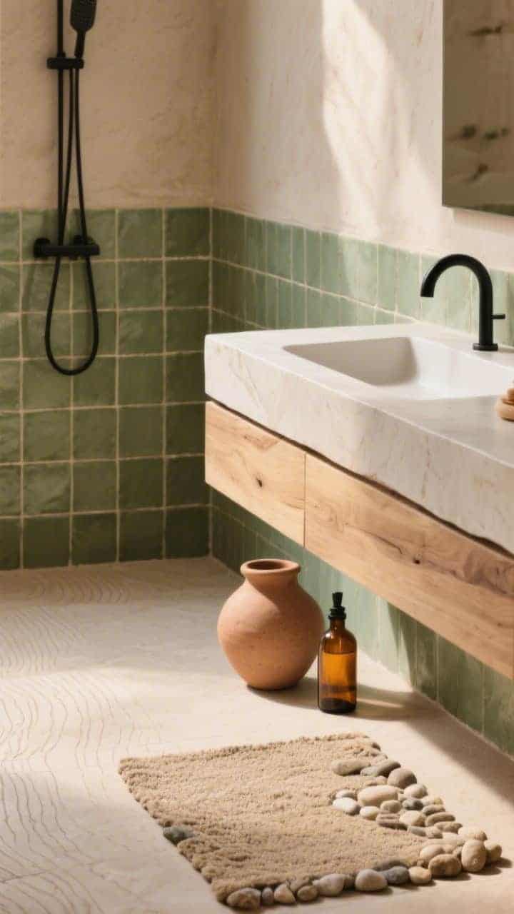 Detail closeup: Desert minimal textures—sandstone-look porcelain floor with faint striations meeting matte cactus green square shower tiles with sand-colored grout; edge of a slab-front white oak vanity and a black curved faucet; pebble bath mat underfoot; clay vessel and amber bottles nearby; warm neutral palette with gentle, dry sunlight; photorealistic.
