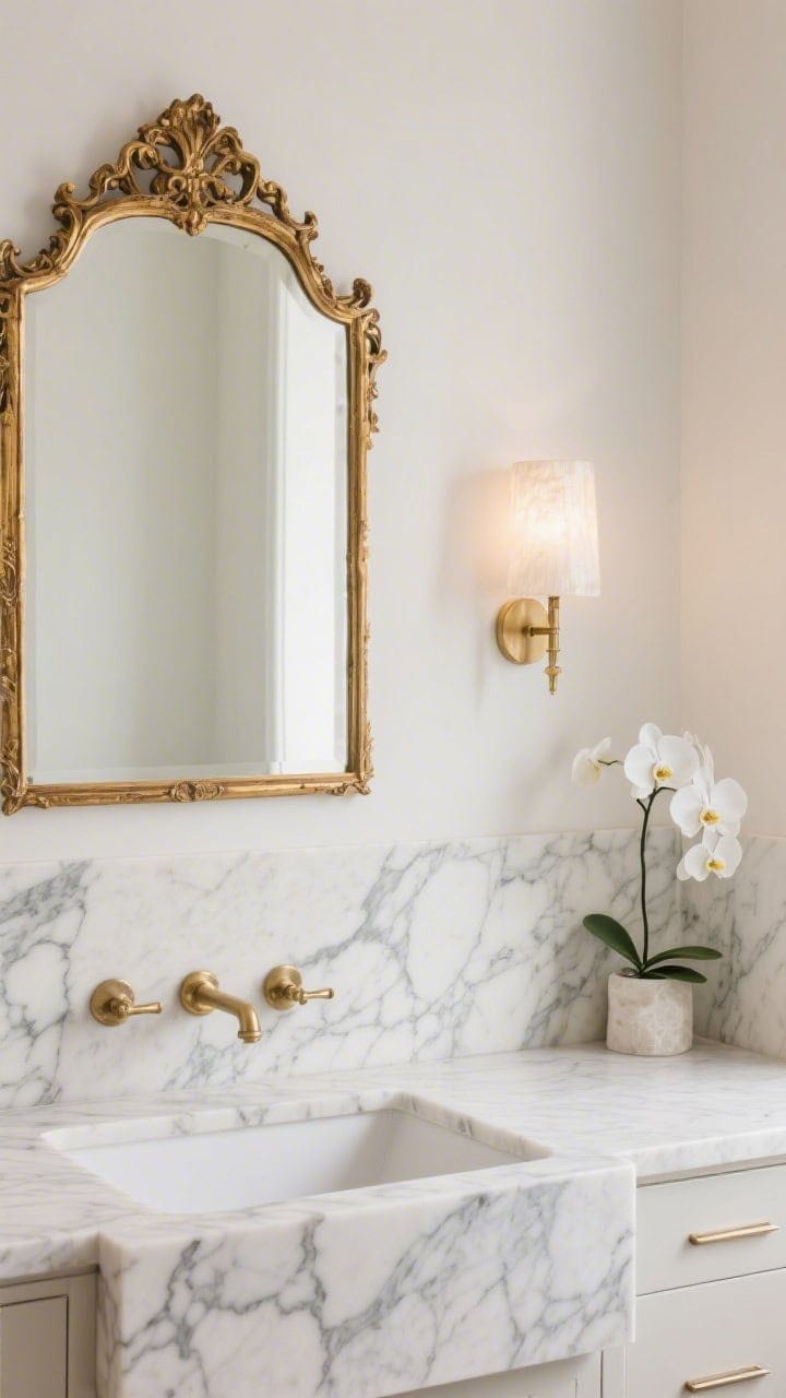 Detail closeup: Gilded minimalism—warm white wall and a bold Calacatta marble slab backsplash and sink showing dramatic veining. A large antique gilt mirror frame with ornate corners dominates the reflection; slim brushed brass hardware and a single glowing alabaster sconce nearby. Include a white orchid and concealed-storage lines kept clean. Quiet, luxurious lighting, high-end restraint.