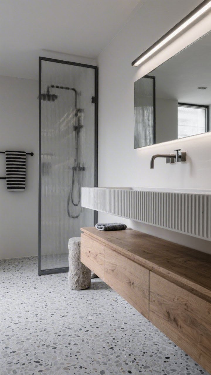 Detail closeup, graphic: Modern maître textures—micro-patterned terrazzo floor in soft gray meeting the toe of a flat-front warm oak vanity. Show a graphite metal-framed mirror edge and shower screen line, with a long ribbed trough sink and wall-mounted taps. Slim LED picture light above casts a crisp glow; include a hint of a stone stool and charcoal-striped towel. Sleek, minimalist, high-contrast lines.