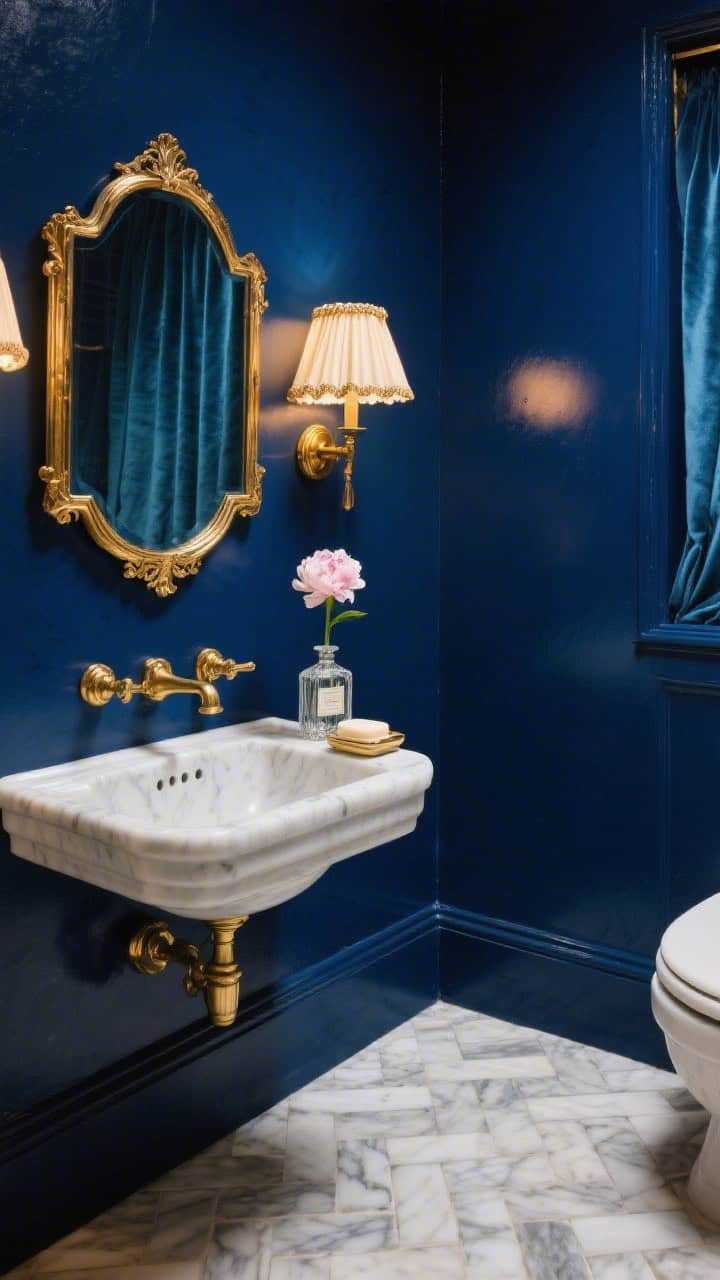 Detail closeup in a petite powder room: deep petrol blue satin-painted wall as backdrop, a wall-hung marble sink on delicate gold-trimmed brackets, gilded antique mirror reflecting warm light, pleated fabric sconce with ribbon trim glowing softly, marble herringbone floor peeking into frame, a crystal perfume bottle and petite soap dish on the tiny sink ledge, a single peony in a slim bud vase; intimate jewel-box mood, photorealistic.