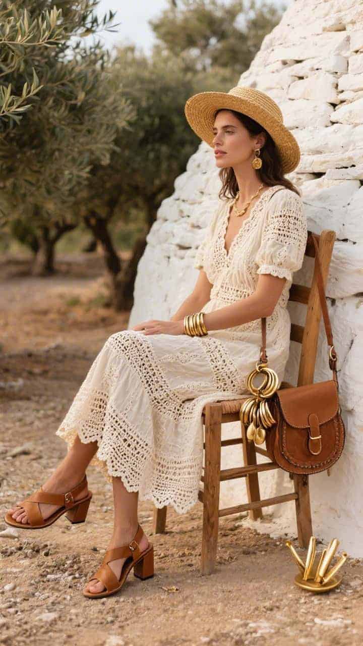Detail closeup in an olive grove beside whitewashed trulli: cream crochet lace midi with scalloped hem and cap sleeves spread over a rustic wooden chair. Tan leather sandals (block heel) on packed earth, caramel saddle bag hanging from the chair back. A cluster of gold bangles and wide-brim straw hat resting on a stone wall; nearby gold hairpins for later. Warm, rustic light emphasizing crochet texture and earth tones. Photorealistic, side angle.