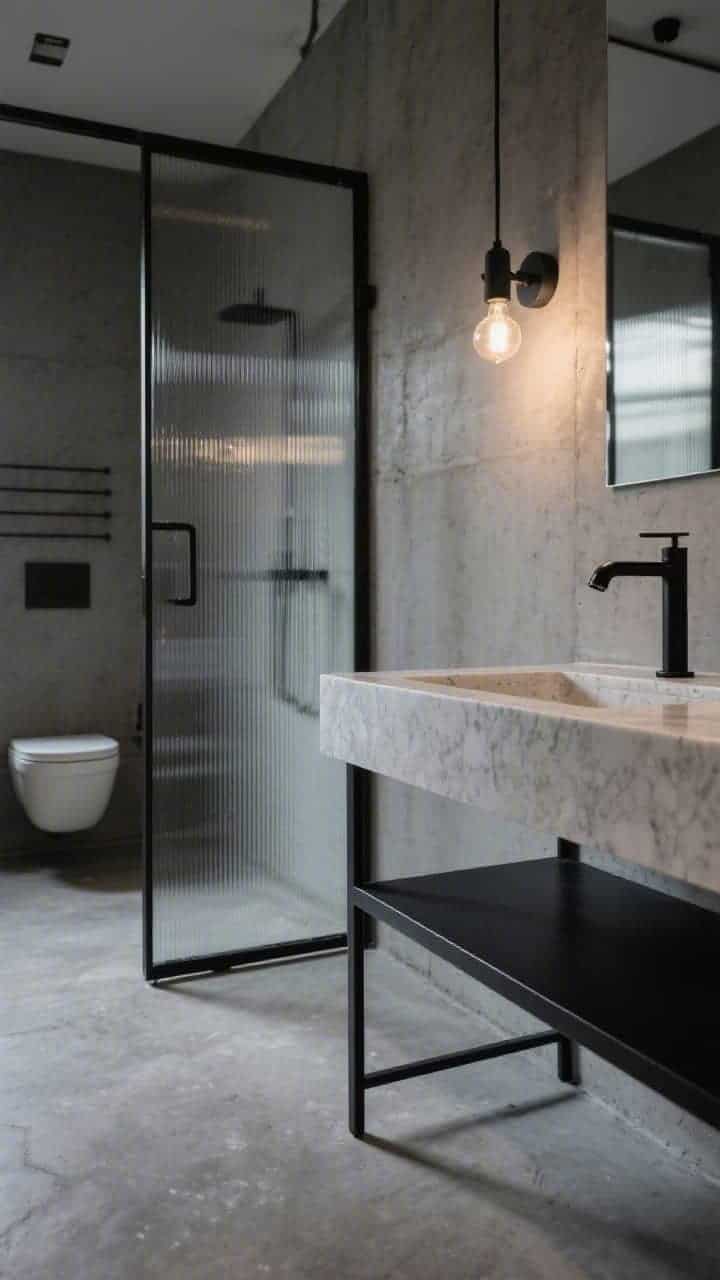 Detail closeup: Industrial minimal textures—polished concrete floor meeting a concrete-look quartz countertop edge; a floating black metal frame shelf intersects the scene; a ribbed glass shower screen catches light; a single exposed bulb sconce with black hardware; powder-coated black mixer and spout; wall-hung toilet subtly visible in background linework; moody, directional lighting emphasizing raw materials, photorealistic.