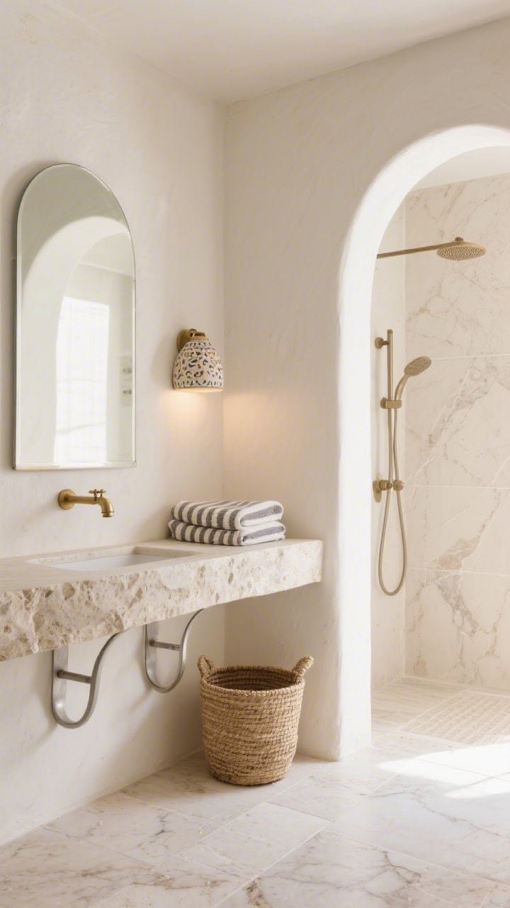 Detail closeup: Minimal Mediterranean textures—ivory limewash wall beside a gentle arched shower entrance; pale travertine large-format floor with soft veining; a narrow stone slab vanity supported by open curved brackets; brushed nickel/soft brass faucet; a handmade ceramic sconce casting warm glow; an arched thin-frame mirror edge peeks in; a neatly folded striped Turkish towel and a woven hamper in frame; sun-washed, photorealistic.