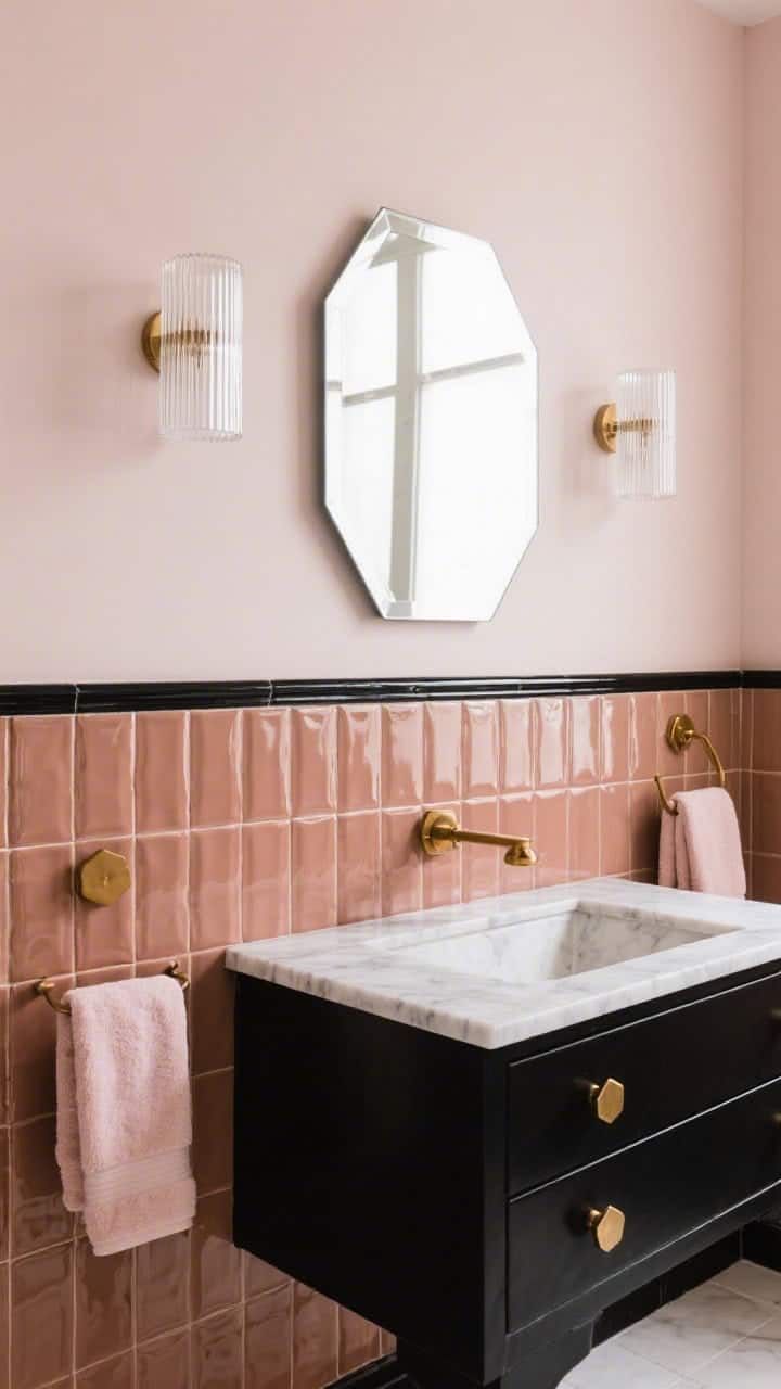 Detail closeup of a powder room wall transition: glossy bronze fluted porcelain tile wainscot on the lower half, blush satin paint above, separated by a razor-sharp black trim line; faceted black vanity with marble top visible at the edge; hex brass knobs catching light; octagonal mirror with crisp reflections; ribbed glass sconces flanking; plush blush hand towels; palette blush, bronze, black, white; luxe, tiny-but-mighty feel.