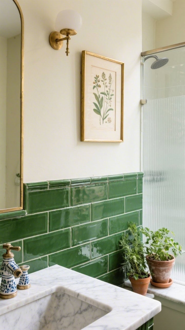 Detail closeup of Jardin Botanique elements: glossy bottle-green subway tile wainscot meeting creamy painted wall above; a slim gilded frame holding an antique botanical print; edge of a marble-topped washstand with ceramic cross handles in view; potted herbs on a nearby window ledge; reeded glass shower softly blurring the background; photorealistic, fresh garden feel.