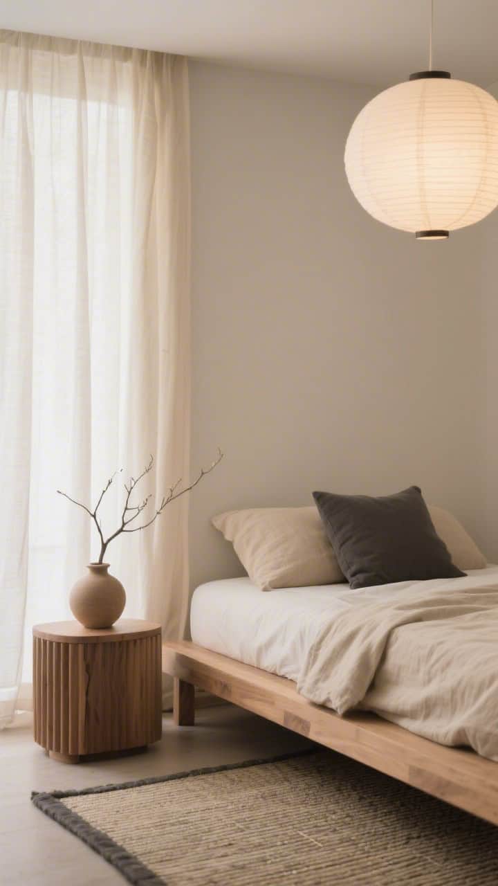 Detail closeup, photorealistic “Japandi Breeze Zen”: a low ash-wood platform bed with stonewashed beige linen bedding, a single graphite lumbar pillow for contrast; behind, bone-colored wall and gauzy beige curtain softly backlit; include the edge of a fluted wood nightstand holding a clay vase with a single branch; tatami-inspired rug texture visible; overhead paper lantern glow diffused; palette bone, ash wood, graphite, soft beige; calm, grounded minimalism.