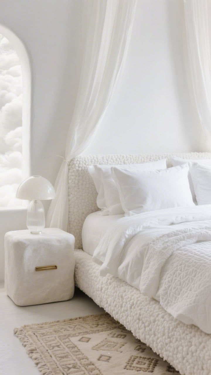Detail closeup, photorealistic “Monochrome Cloud White Oasis”: tactile layers of whites—bouclé upholstered bed edge, stacked high-loft white duvets, linen shams, and a matelassé coverlet; behind, chalky white walls and billowy white drapes glowing; soft-edge plaster nightstand with a milky glass lamp; cream Moroccan rug pile visible at the bottom of frame; tiny hint of brushed brass on a drawer pull; ethereal, cloud-soft lighting.