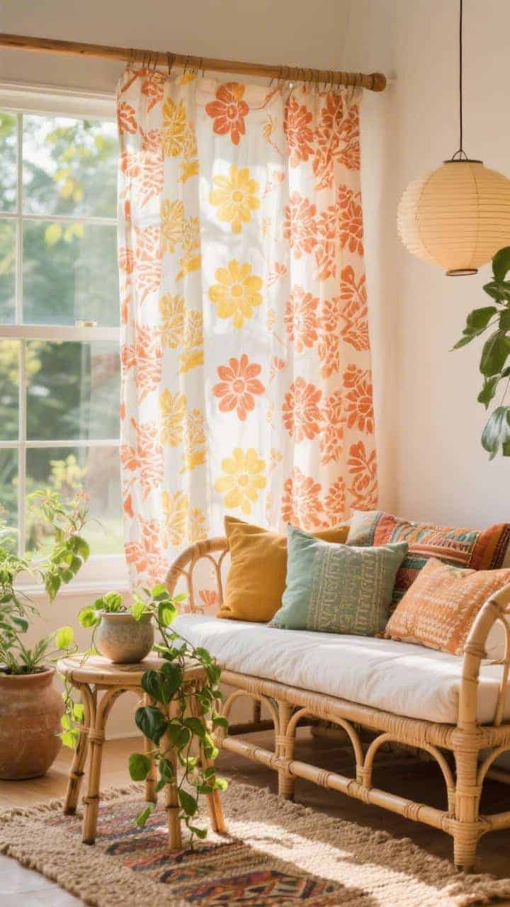 Detail closeup, playful boho sunroom textiles: cotton voile sheers with hand-block floral pattern in terracotta and saffron swaying in a sunlit breeze on a natural wood rod; sunlight filtering through pattern onto a rattan daybed piled with mix-and-match pillows; foreground hints of a jute rug layered with a tiny kilim, and a bamboo side table with a trailing pothos; accents of paper lantern pendant and ceramic planters softly blurred; palette terracotta, saffron, sage, natural fiber; bright, cheerful vibe, photorealistic.