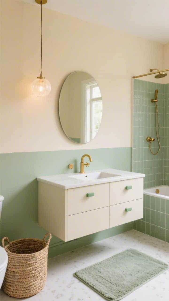 Detail closeup, straight-on: Soft minimal color-block wall showing the lower third painted muted sage and upper two-thirds warm cream with a crisp, level transition line; flat-front cream vanity with matching sage pulls; brushed gold taps glinting softly; pill-shaped mirror reflecting gentle light; vertical-stacked sage matte subway tiles in the shower just visible at edge; color-matched bath mat on floor, woven hamper nearby, and a frosted globe pendant glowing warmly; cheerful, soothing mood; no people, photorealistic.
