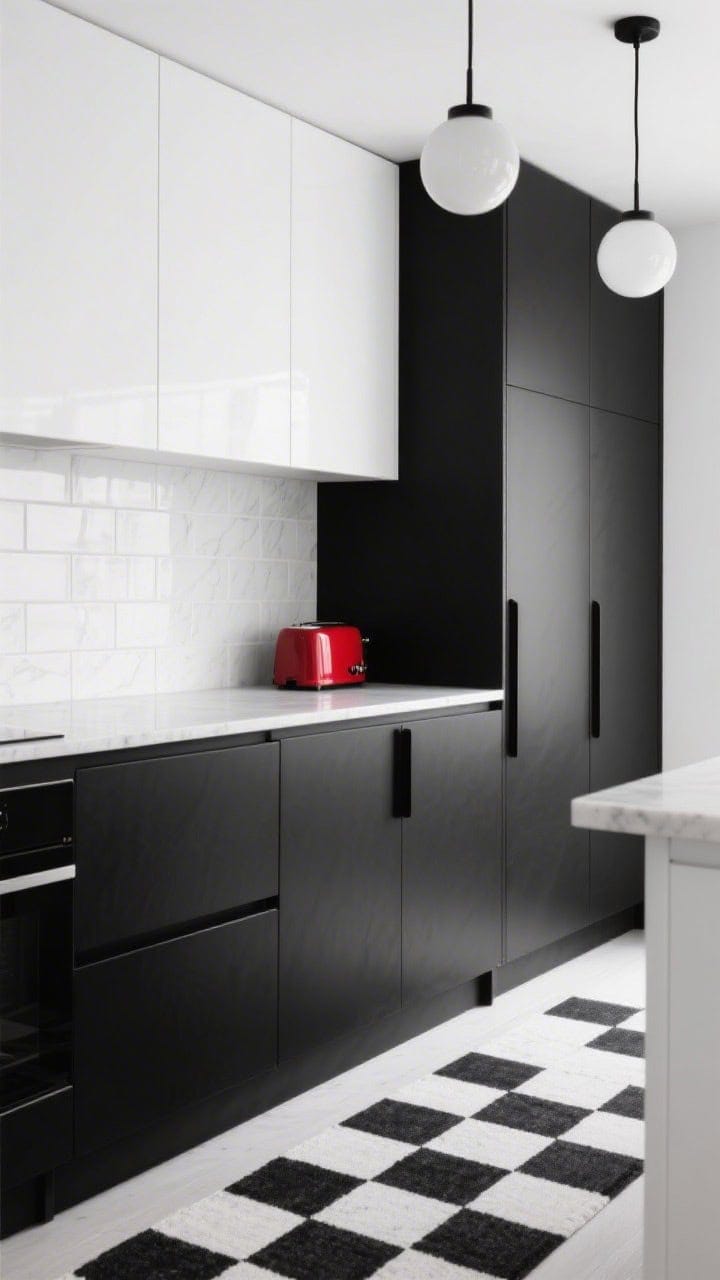 Detail closeup, straight-on vignette of black-and-white pop art minimalism: junction of matte black lower cabinets with slim black pulls, white uppers, and a seamless white quartz slab; a checkerboard runner partially in frame; a single cherry-red toaster providing the only bold color; large-format white backsplash tile with minimal grout lines; soft, even lighting with subtle reflections from globe pendants out of focus; crisp, graphic mood, photorealistic