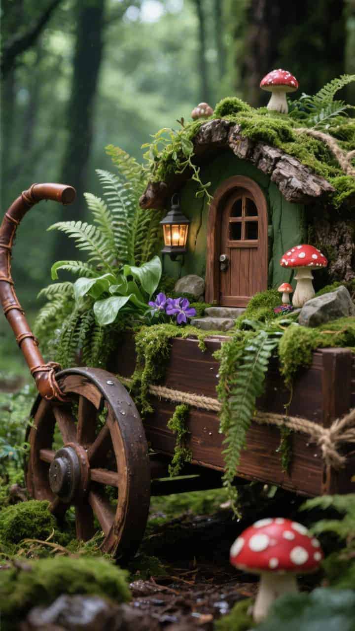 Detail closeup under dappled forest shade: deep walnut-brown wagon rim with mossy liners spilling over, lush ferns, hostas, and woodland violets cascading like soft green waterfalls. In the background, small toadstool statues and tiny lanterns softly glint. A miniature door and window are inset into the wagon’s side like a secret woodland cottage. Palette of forest green, moss, walnut, with hints of mushroom red accents; materials of bark, stone, matte ceramic, twine. Finishing touch: a curved stick handle wrapped in leather visible at frame edge. Photorealistic macro textures and dewy highlights.