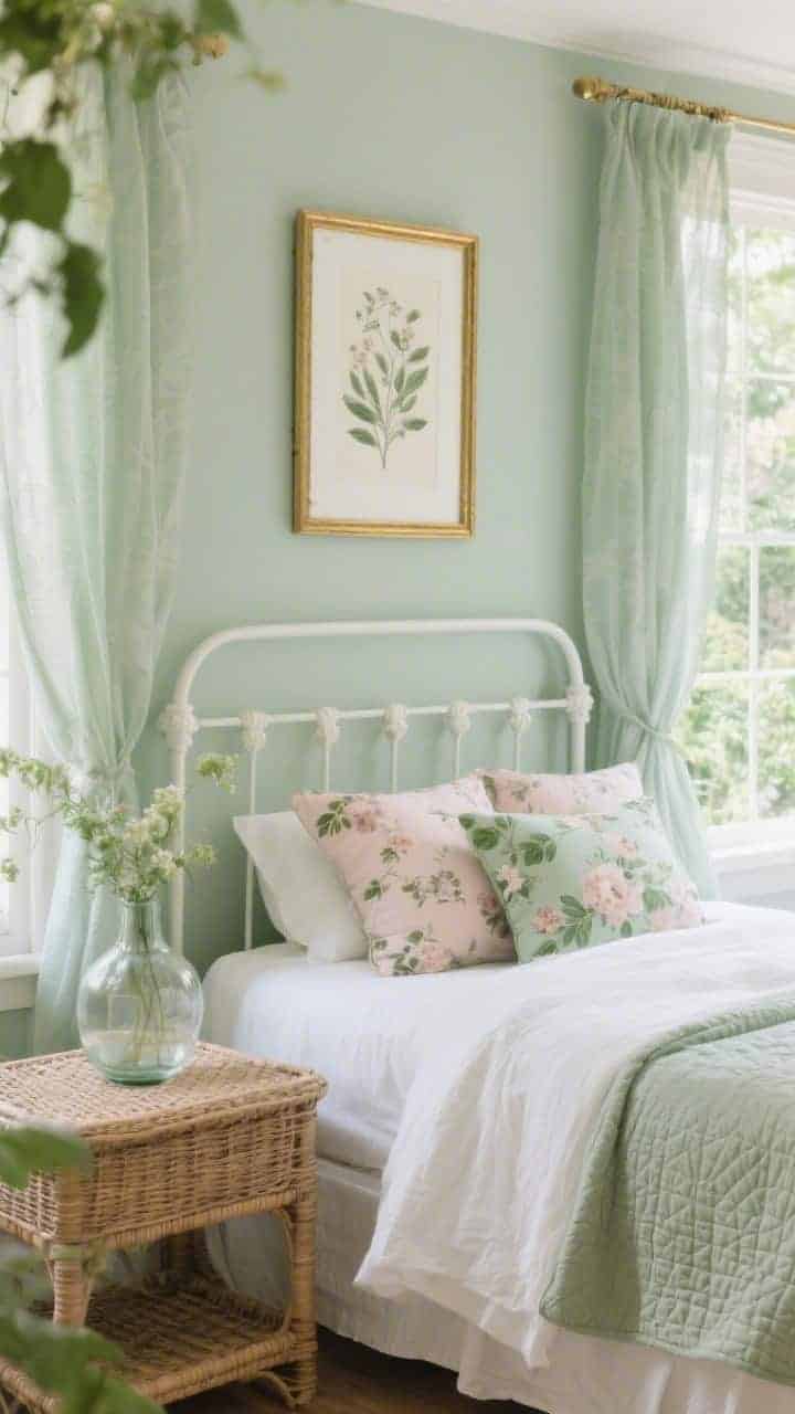 Detail shot, photorealistic “Soft Sage Garden Escape”: soft sage wall with a gold-framed botanical print, edge of a simple white iron bed layered with lightweight white sheets and a sage matelassé cover, floral shams in dusty blush and leaf green; wicker nightstand surface holding a glass vase; sheer sage linen curtains filtering gentle garden-like light; palette sage, white, dusty blush, muted gold; fresh, tranquil garden mood.