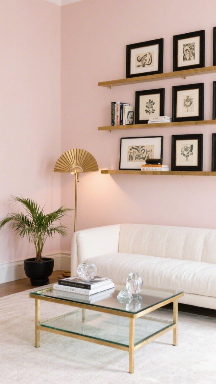 Detail-to-medium hybrid, straight-on wall view: A soft blush wall with minimal floating brass shelves interspersed within a tight grid of framed Deco prints in black lacquer frames; below, a low ivory linen sofa and a two-tier glass coffee table with brass edges; a brushed-brass fan-shaped floor lamp casts a gentle arc of light across art and books; curated coffee-table books, glass paperweights, and a palm in a black planter complete the scene; refined, gallery-like, no people.