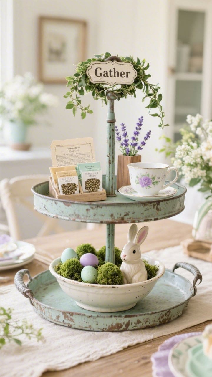 Dining buffet medium shot of a two-tier distressed metal tray with spindle center styled for a garden party: bottom tier features a shallow ironstone bowl of moss-covered eggs and a mini cloche sheltering a ceramic bunny; top tier displays tiny seed packets in a vintage card holder, a teacup with lavender sprigs, and a petite wooden “Gather” sign. A faux ivy garland is woven through the handle. Palette sage, cream, moss green, pale lavender. Materials distressed metal, ironstone, paper ephemera. Whimsical, collected vibe with bright, soft spring light.