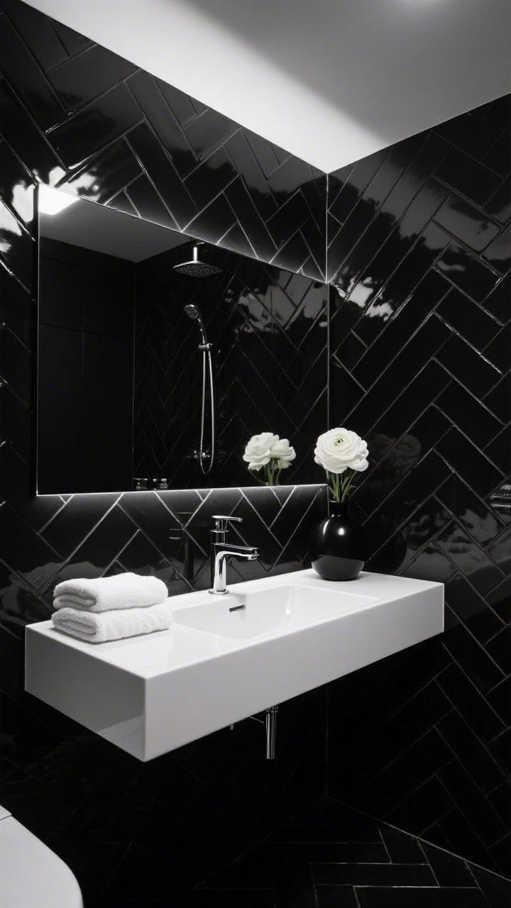 Dramatic detail shot in a monochrome black box bath: piano-black lacquer walls and ceiling reflecting light, a floating white Corian vanity with razor-thin slab backsplash, rimless mirror with integrated LED casting an even glow, high-gloss black herringbone tile in the shower catching highlights, polished nickel fixtures, tight styling with a single black soap pump, folded white towels, and a black vase with white ranunculus; high-contrast, editorial sheen, photorealistic.