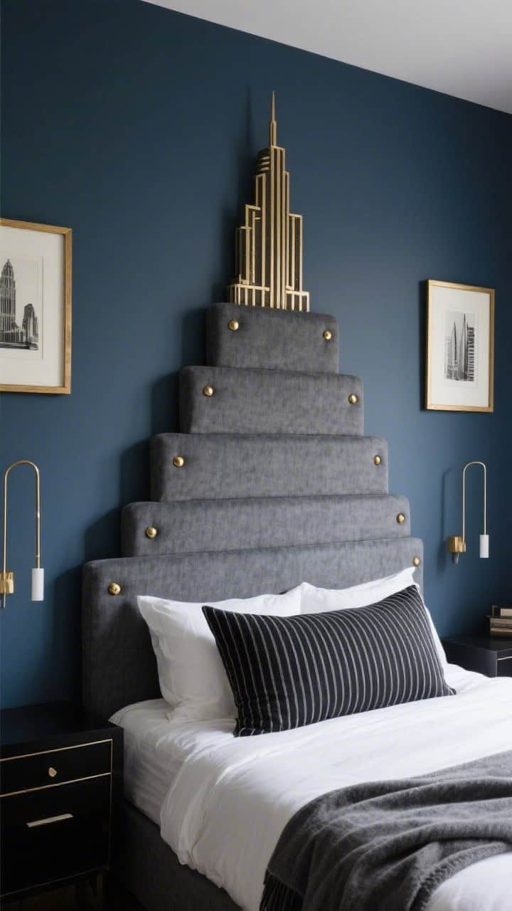Dramatic medium shot, slightly low angle, of a headboard echoing a 1930s skyline with stepped tiers and sharp angles, upholstered in charcoal chenille; antique brass nailheads tracing each tier; dusky storm blue wall behind for depth; crisp white bedding with a graphite throw folded at the foot; ribbed black bedside tables and linear sconces flanking the bed; pinstripe euro shams and black-and-white architecture prints in slim brass frames completing the streamlined Deco mood.