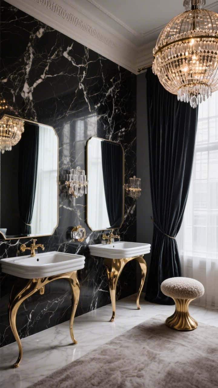 Dramatic wide shot: bookmatched black marble slab wall behind a double console sink with sculptural legs; a bold globe chandelier as statement lighting; floor-to-ceiling velvet drapes framing a tall window (moisture-lined); a curvy bouclé stool nearby; brass and crystal accents catch the light; photorealistic, grand Opéra House drama.