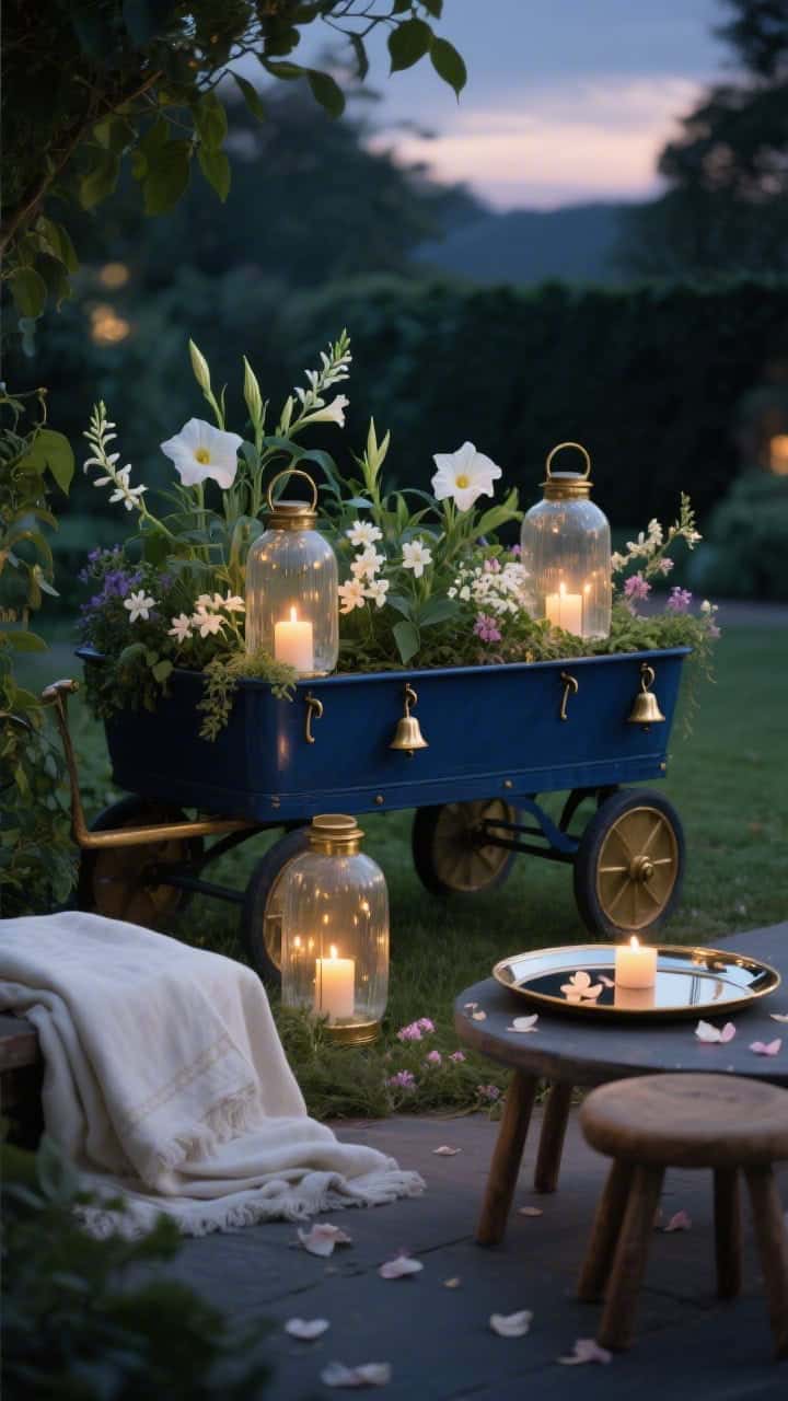 Evening garden scene, moody medium shot: an ink blue wagon planted with jasmine, moonflower, nicotiana, and evening primrose, blooms softly luminous in dusk light. Frosted lanterns with warm LED candles nestle among foliage, their glow reflected on leaves. Brass hooks along the rim hold tiny bells that chime. Nearby, a folded linen throw and two low stools suggest late-night chats. Palette of ink blue, creamy white, soft gold, deep green; materials brass, frosted glass, linen. Finishing touch: a mirrored tray reflecting candlelight and petals on the wagon surface. Photorealistic low-light bokeh.