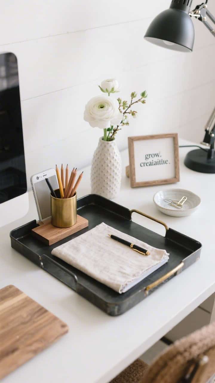 Farmhouse office desk closeup: a rectangular black metal tray grounding the scene; a brass pencil cup with neatly arranged pencils; a wooden phone stand holding a smartphone; a linen-covered notepad with a pen; a small hobnail vase of white ranunculus (or apple blossom branches); a ceramic dish with paper clips; and a tiny framed quote about growth/creativity. Palette black, brass, natural wood, crisp white. Materials metal, linen, ceramic, glass. Modern farmhouse, polished yet soft with bright, even task lighting.