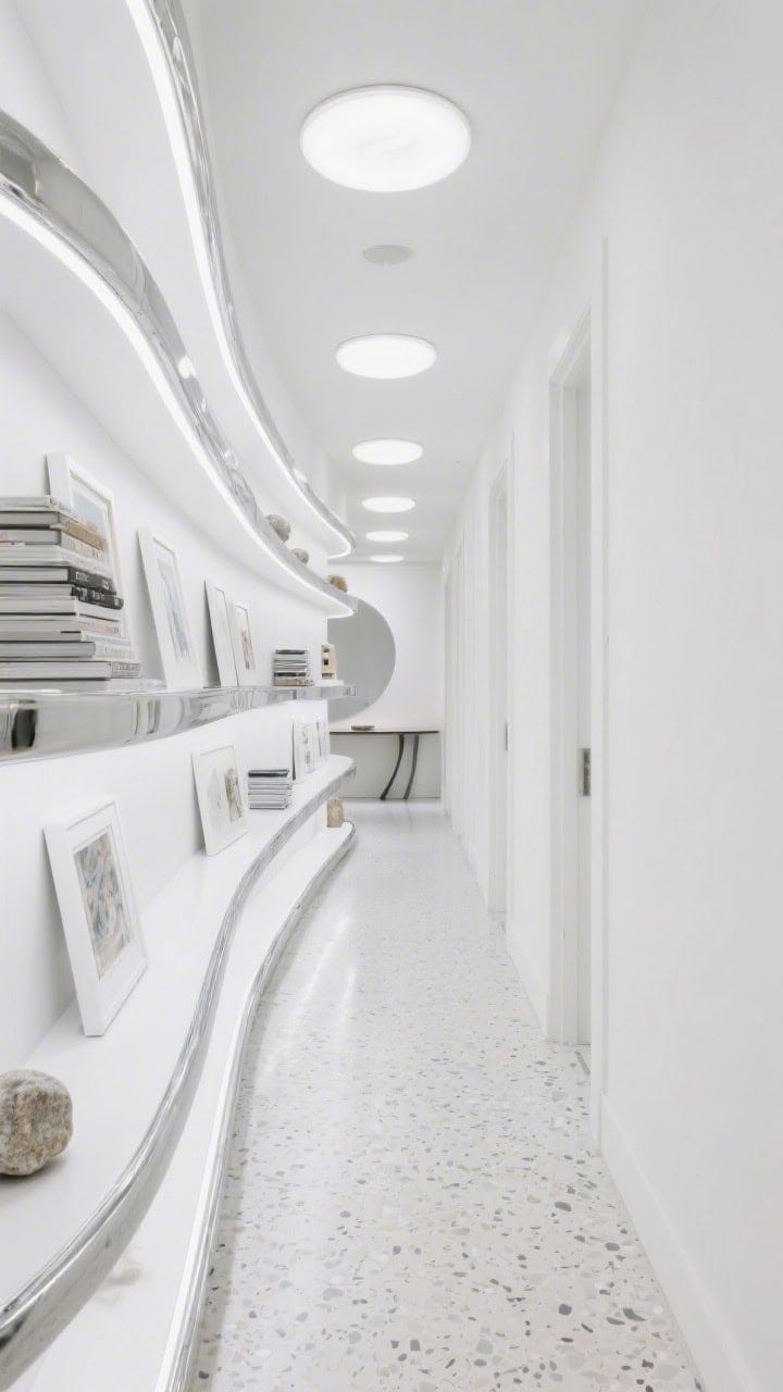 Hallway, long perspective shot: Streamline Moderne corridor with continuous high-gloss white ribbon shelves sweeping down the length of the hall, rounded edges trimmed in thin chrome; pale terrazzo floor with white and gray flecks; a run of flush-mount opal lights overhead guides the view toward a curved console at the end; accents limited to stacked art journals, white frames, and a few polished stones; tight palette of white, chrome, and soft gray for maximum glide; crisp, clean, no people.