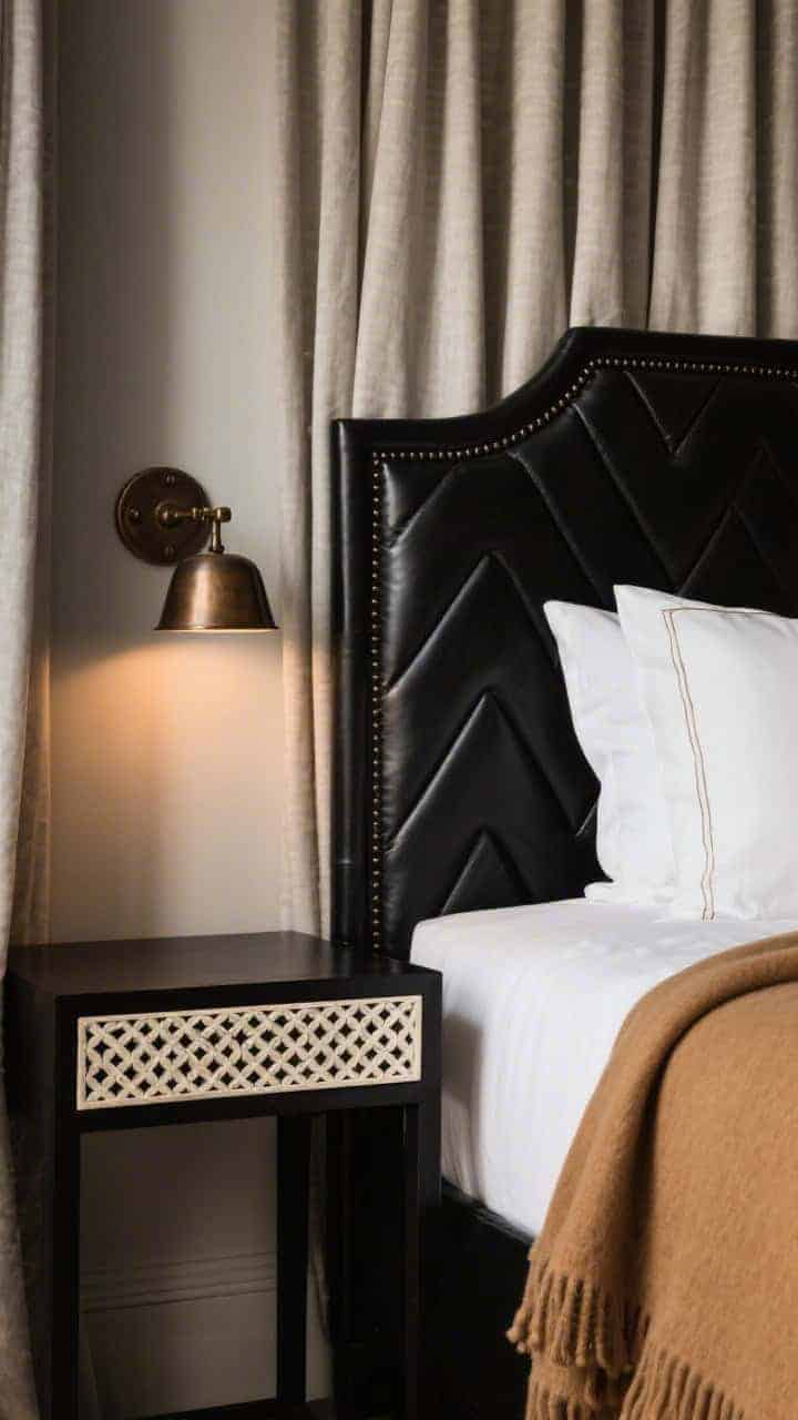 Intimate detail shot from bedside level of an ink-black leather headboard with subtle Deco chevron stitching, illuminated by warm light to emphasize grain and stitch; nearby oil-rubbed bronze wall sconce and hardware; edge of a bone-inlay nightstand with geometric pattern; off-white percale sheets and a camel cashmere throw draped at the corner; smoked-linen curtain filtering light in the background; palette of black, camel, ivory, bronze; refined and moody.