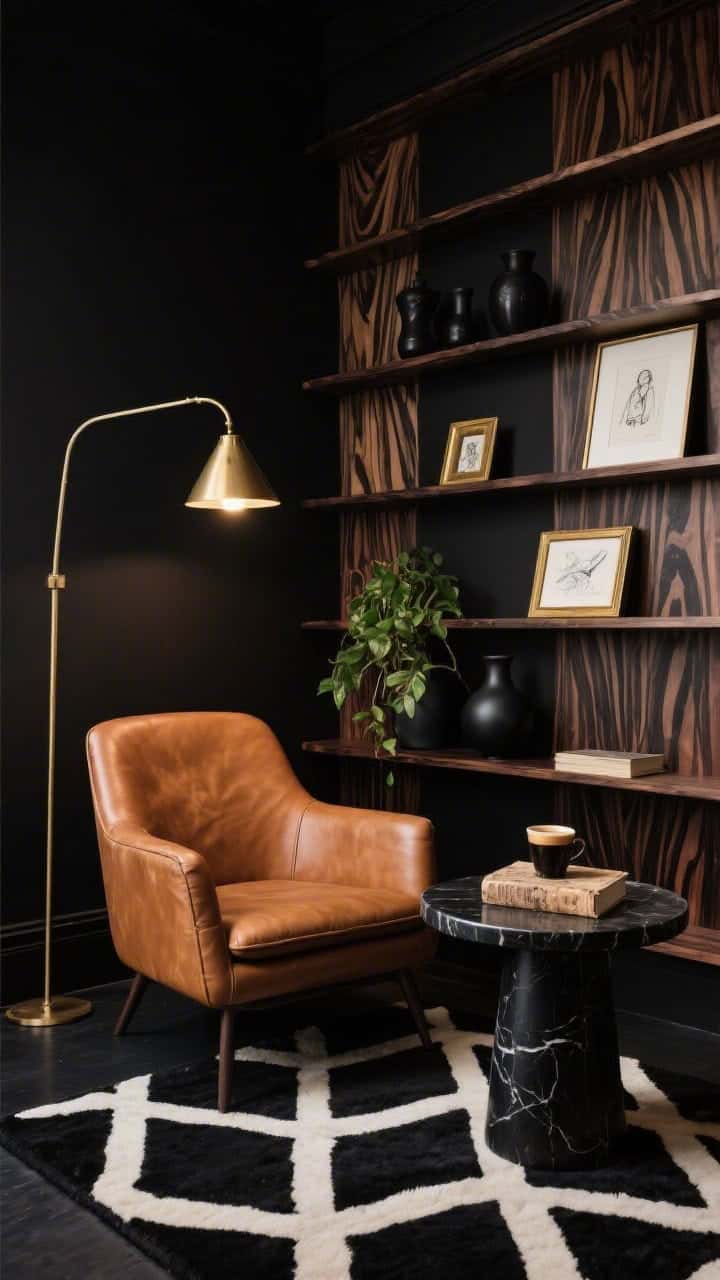 Intimate medium shot, reading nook: Floor-to-ceiling zebrawood shelves with dramatic grain against ink-black walls; a compact cognac leather club chair sits on a black-and-ivory geometric rug; a slender brass pharmacy lamp arcs overhead, casting a focused pool of warm light; a small round black marble side table holds an espresso and a worn novel; matte black ceramics, brass-framed sketches, and a single green plant accent the space; bold, sultry, late-night vibe, no people.