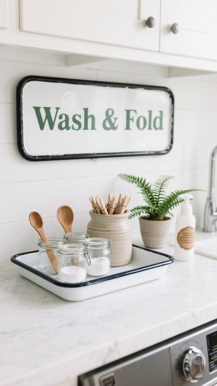 Laundry room utility station overhead detail: a white enamel tray with black rim organizing clear glass jars with wooden scoops for detergent and baking soda; a stoneware crock filled with clothespins; a small potted fern in a simple ceramic pot; a linen spray bottle with a craft label; and a tiny enamel “Wash & Fold” sign. Palette white, black, leaf green, warm wood. Materials enamel, glass, ceramic, natural wood. Bright and tidy with crisp, clean lighting.
