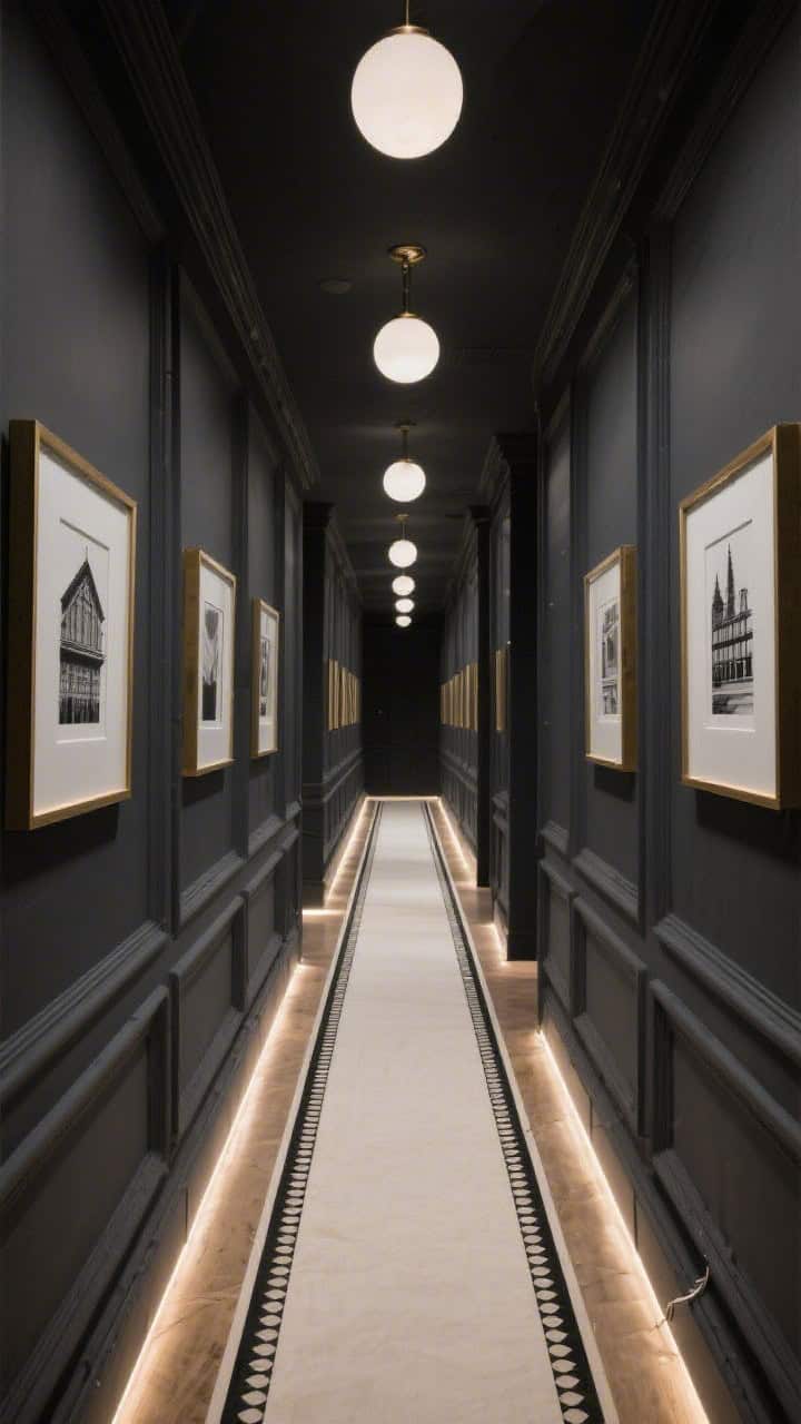 Long, linear hallway wide shot from one end: deep charcoal walls with stepped picture molding tone-on-tone; inside each frame, black-and-white architectural prints in slim brass frames; cabled LED strip lining the baseboard casting a soft glow; runner with linear Deco border in cream and black; evenly spaced opalescent ceiling globes; matte walls with satin trim contrast; dramatic gallery feel.