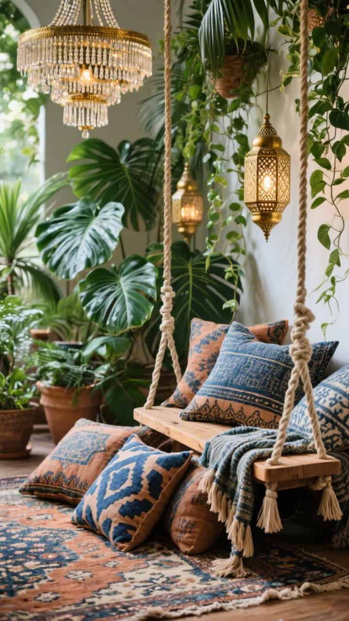 Lush detail/closeup shot focusing on boho botanica textiles and greenery: a macramé-framed swing edge and simple wood plank seat partially in frame, piled with oversized floor cushions in indigo block print and clay tones, plus kantha throws and tassel pillows atop a kilim rug. Surrounding potted jungle of monsteras, palms, and trailing pothos fills the background blur. Brass hints from a beaded chandelier overhead and Moroccan lanterns twinkling softly. Palette indigo, clay, brass, leafy green; languid, eclectic mood; dappled natural light.