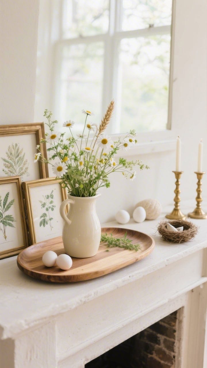 Mantel styling medium shot from a slight angle: a low oval breadboard tray set slightly off-center; a cream ceramic jug brimming with loose wildflower stems—daisies, chamomile, delicate greenery; behind, a stack of mini framed botanicals leaning casually; to one side, a pair of vintage brass candlesticks; a few white ceramic eggs and a petite bird’s nest nestled near the tray edge. Palette cream, wheat, brass, meadow greens. Materials breadboard wood, ceramic, brass, paper prints. Airy, elevated, storybook spring with gentle window light.