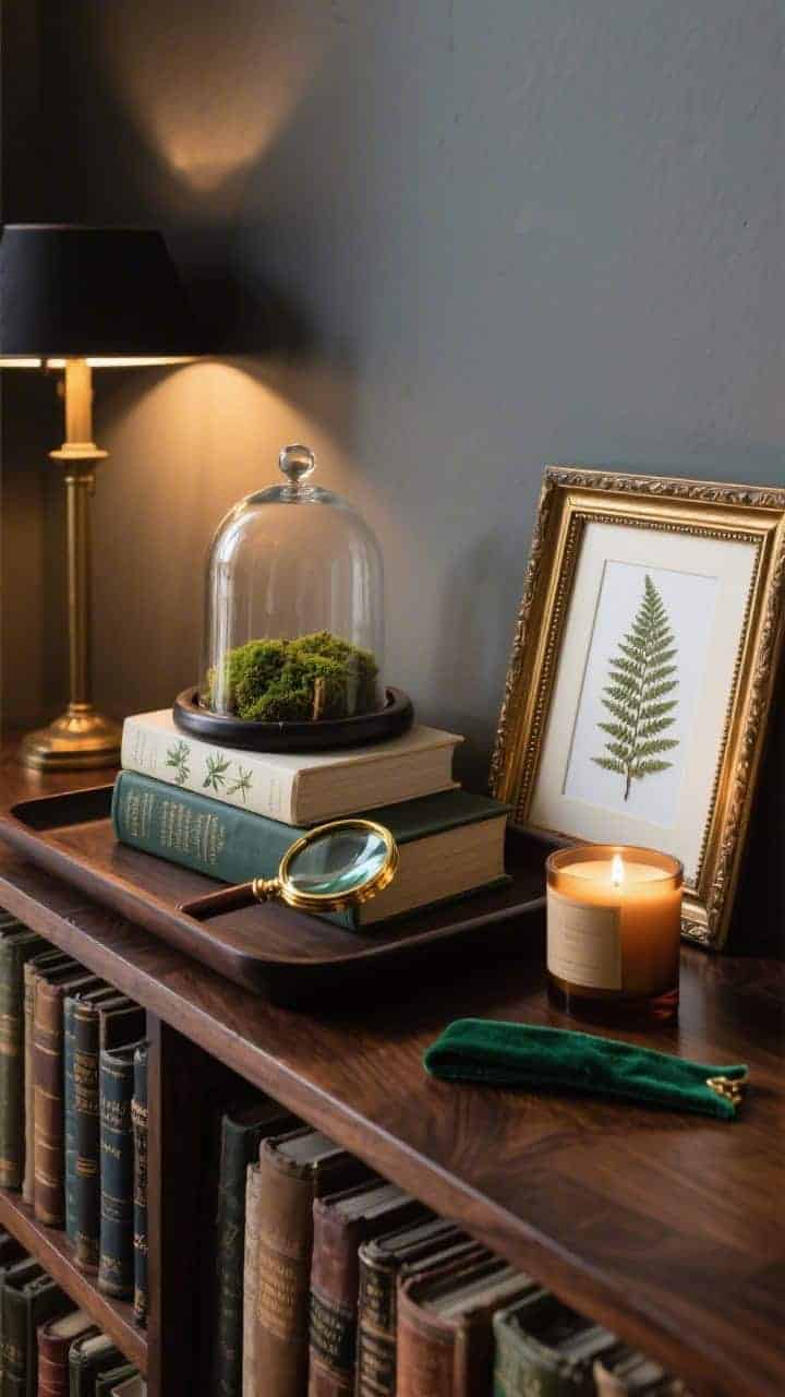 Medium, angled library console scene: a dark walnut tray stacked with two botany books topped by a brass magnifying glass; beside them, a moss-filled cloche and a pressed fern displayed in a brass frame; a cedar-scented candle and a green velvet bookmark complete the arrangement; moody spring vibe with warm, directional lamplight.