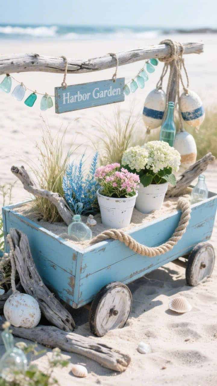 Medium coastal garden composition in bright, breezy daylight: a sea-glass blue–painted wagon filled with sand-hued grasses like carex and blue fescue, with whitewashed pots of sea pinks and pale hydrangeas. Pieces of driftwood drape across the edge; a thick rope coils along the side. Weathered buoys cluster nearby, and a seaglass bottle garland glows translucently. Palette of sea-glass blue, sand, shell white, and weathered gray; materials driftwood, rope, frosted glass. Finishing touch: a small “Harbor Garden” sign hung from the wagon rail. Shot from a gentle overhead-corner angle to show textures.