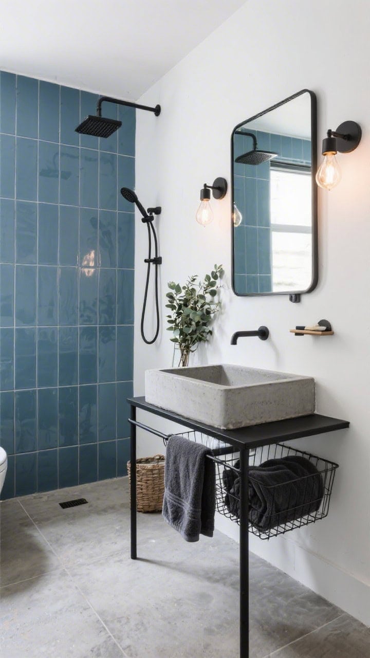 Medium corner angle: Industrial modern bath with concrete-look porcelain on floor and lower walls, crisp white paint above; shower clad in steel blue rectangular tiles in a soldier stack; black metal vanity with a concrete trough sink; exposed-bulb sconces and a large pivot mirror; wire basket, charcoal towels, eucalyptus bundle; balanced cool lighting with slight daylight; photorealistic.