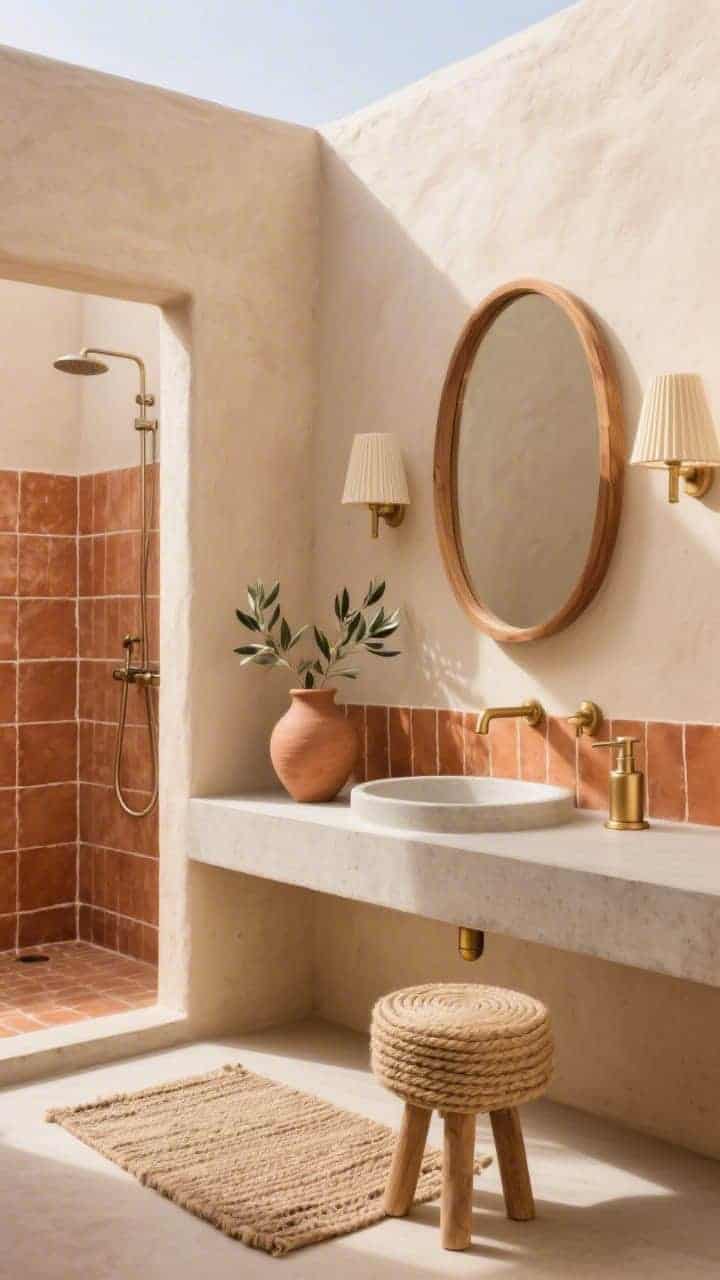 Medium corner view: Desert minimal bathroom with sand-colored plaster walls, terracotta zellige tile shower with gentle sheen, and a floating rounded-front concrete vanity; soft brushed brass fixtures; rounded wood-framed mirror softening angular lines; natural jute stool beside the vanity; clay vase with olive branches; textured bath rug, ribbed ceramic soap dispenser, fluted sconce shades; warm, sun-kissed afternoon light accentuating sand and terracotta tones; no people, photorealistic.