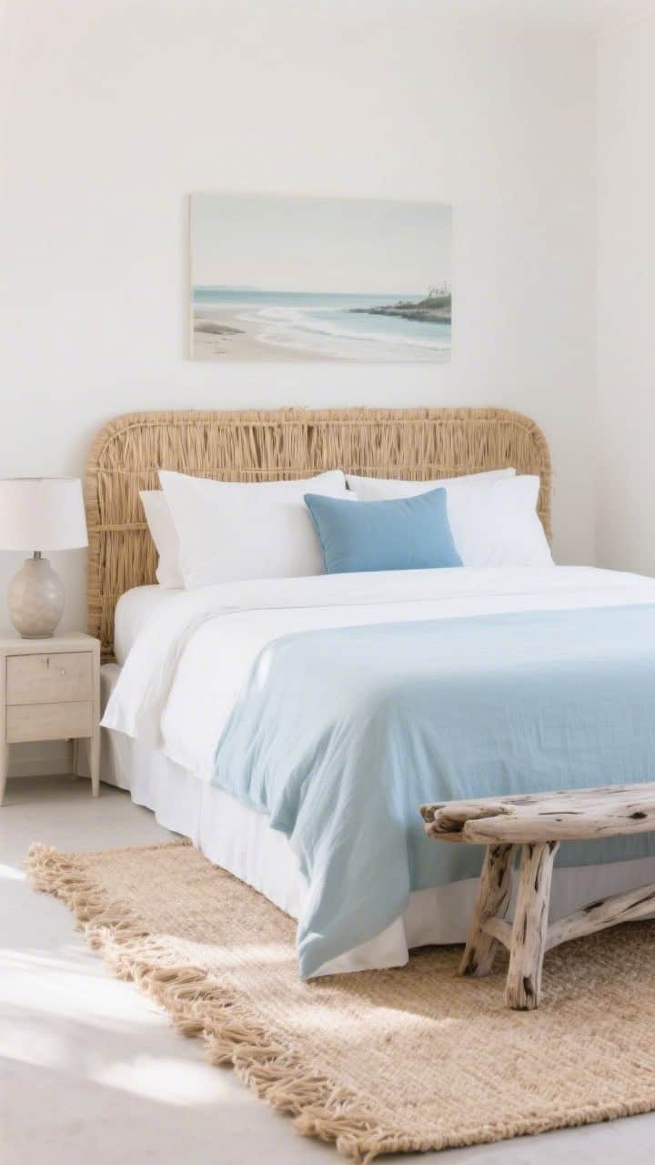Medium detail-focused scene on a seagrass headboard: bed dressed in white with a powder-blue coverlet and a sky-blue lumbar pillow; light seagrass rug beneath; driftwood-inspired bench at the foot; a simple ceramic lamp in mist on a nightstand; a small muted coastal landscape on the wall; soft, breezy natural light emphasizing tactile textures.