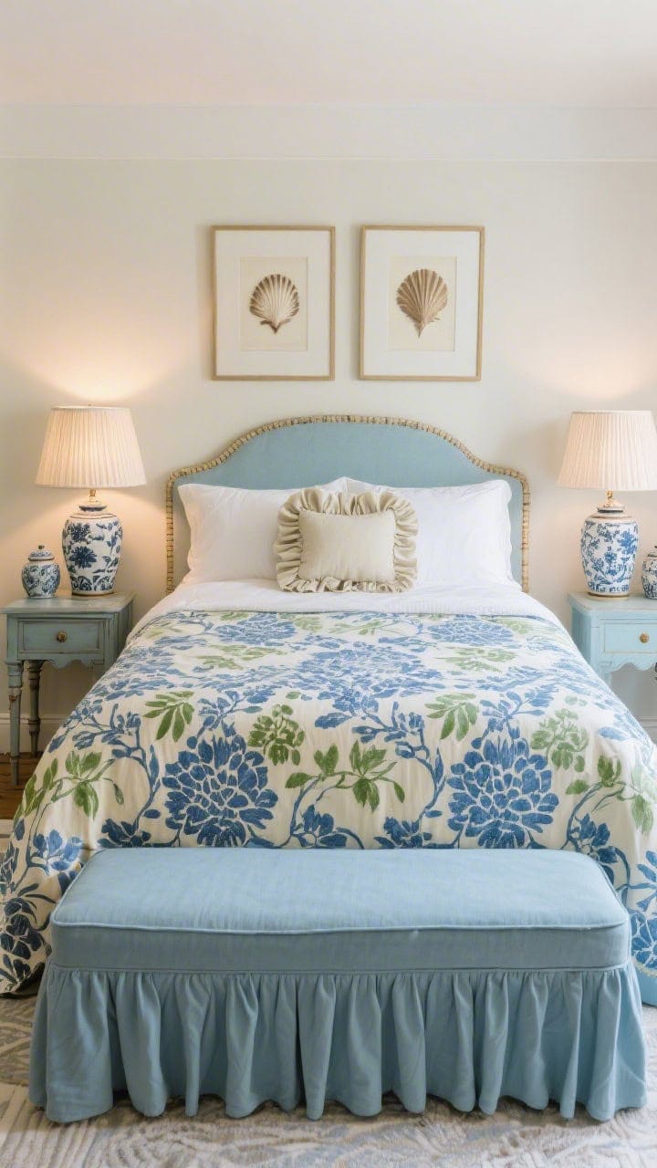 Medium, elegant grandmillennial bedscape: block-printed floral duvet in blue and green with cream sheets, pleated lampshades on bedside lamps, painted bamboo nightstand in soft blue, skirted bench at the foot, chinoiserie ginger jars and framed shell studies on the wall, a ruffled euro pillow completing the polished boutique-inn vibe.