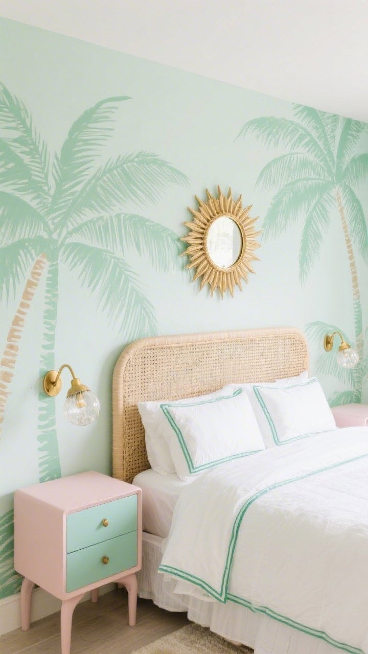 Medium, playful retro coastal vignette: a palm-print accent wall in soft sage greens behind a pale rattan headboard, bright white bedding with piped edge details, mint nightstand on one side and blush on the other, round brass mirror centered above, sunburst sconce adding sparkle; fresh, flirty, airy lighting.