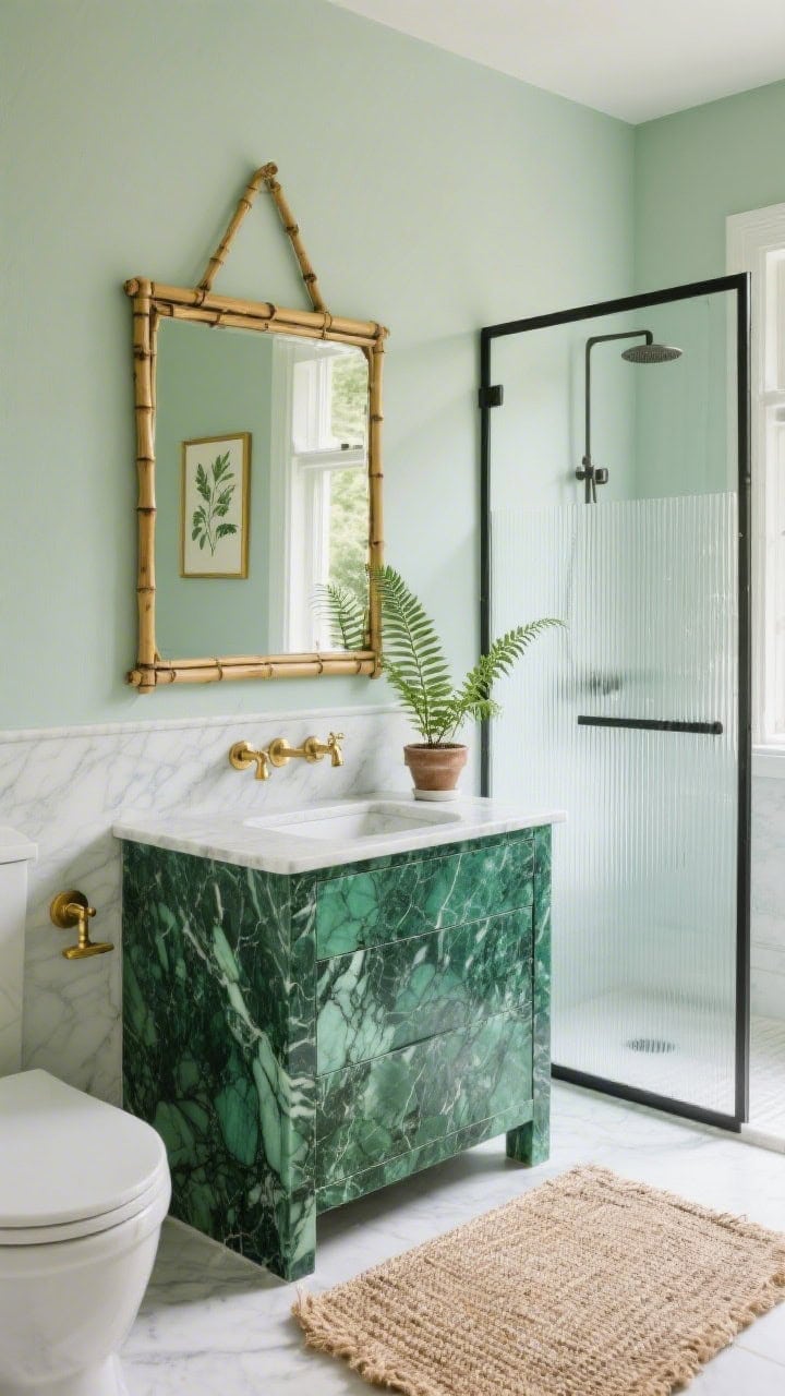 Medium shot, airy angle: Jardin-inspired bathroom featuring a green marble vanity with malachite tones and soft veining, brushed gold taps, and pale sage painted walls. A bamboo-framed mirror hangs above; a small potted fern sits on the windowsill. Include a ribbed-glass shower screen, a natural jute rug, and a botanical print in a gilt frame. Soft filtered daylight, fresh and organic.