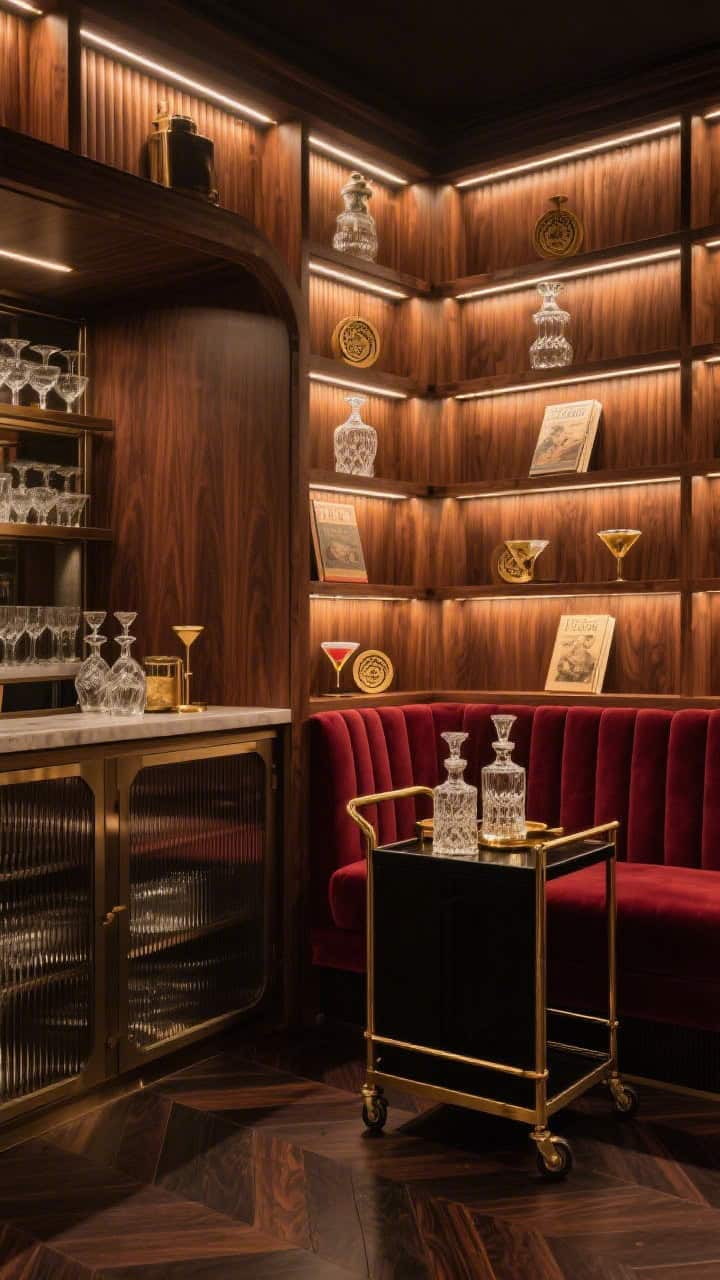 Medium shot, bar-library corner: Fluted walnut shelving with integrated warm LED strips that halo each object; a concealed bar cabinet below with ribbed glass doors revealing a hint of glassware; a low oxblood velvet banquette adjacent and a compact black-and-brass bar cart on casters; crystal decanters, brass coasters, vintage cocktail guides styled on shelves; dark chevron wood flooring enhances old-hotel ambiance; cozy speakeasy glow, no people.
