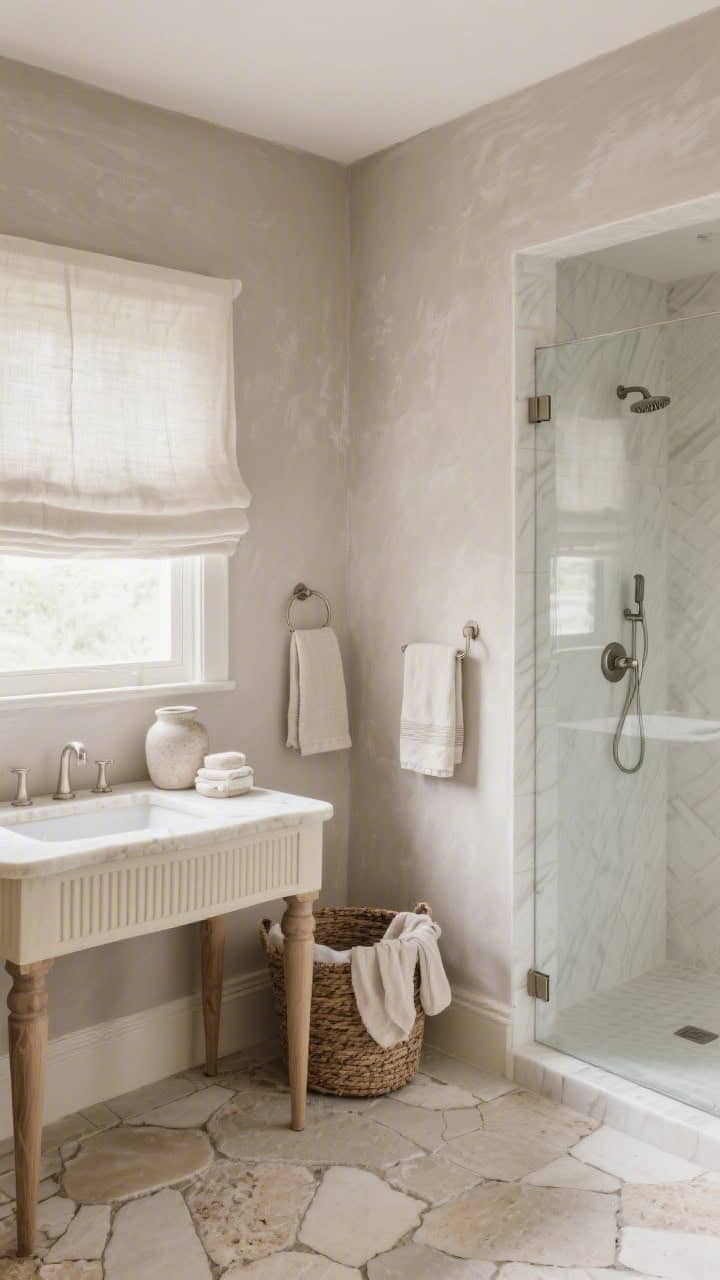 Medium shot capturing a serene neutral bathroom corner: limewash taupe walls with soft movement, a creamy limestone vanity top on a fluted oak console base with slender legs, frameless walk-in shower with brushed nickel hardware, tumbled travertine floor in a French pattern, styled with stoneware jars, a woven laundry basket, and soft linen hand towels; a linen Roman shade glowing with cloudy morning light, soft tonal palette, photorealistic.