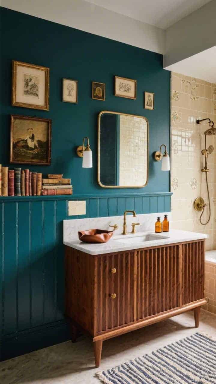 Medium shot, collected vignette: A walnut vanity with fluted fronts against a deep teal paneled half-wall, with a narrow picture ledge above displaying small vintage paintings and framed etchings. Cream zellige tiles in the shower provide texture; library-style swing-arm sconces flank the mirror. Style with a leather catchall, striped rug, and amber glass bottles. Warm, bookish atmosphere, aged brass notes.