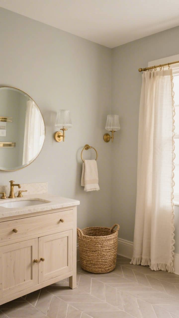 Medium shot, corner angle: A calm greige-walled bathroom featuring a pale wood vanity with a creamy limestone top and aged-gold hardware. Fluted glass sconces flank a round bevel-edged mirror; a woven hamper sits beside linen hand towels. The floor is light taupe herringbone tile. Add a linen shower curtain with a micro-ruffle edge. Soft golden-hour lighting, cozy café cream palette, muted gold accents.