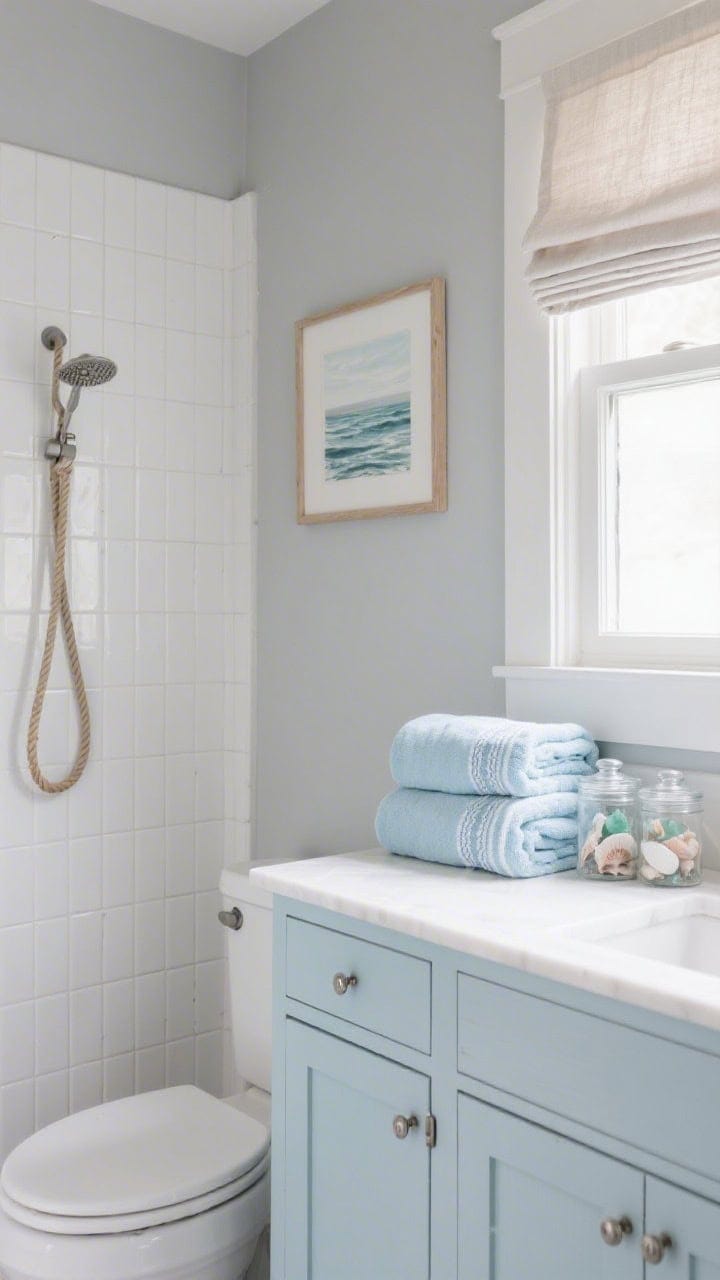 Medium shot, corner angle: Seaside Shaker bathroom with mist-gray walls and powder-blue Shaker cabinets with satin nickel pulls, vertical white subway tile in the shower creating a taller effect, rope-framed coastal art on the wall, pale blue Turkish towels neatly stacked, glass canisters filled with shells and sea glass on the counter, and a simple linen roman shade softening the window; quiet, airy, refined coastal mood.
