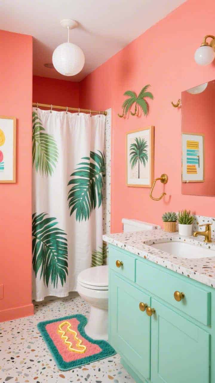 Medium shot from a corner angle: A playful Palm Springs-style bathroom with poppy coral walls and a mint-green vanity with round brass knobs, a terrazzo countertop, a graphic palm-leaf shower curtain, retro art prints, a neon bath mat on the floor, palm-shaped hooks on the wall, a white globe pendant overhead, and small succulents on the vanity; colors coral, mint, brass, and white; fun, sunny, slightly glam vibe; photorealistic.