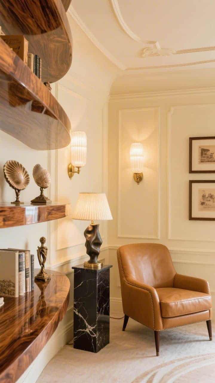 Medium shot from a corner angle: A warm cream salon with high-gloss burlwood shelves curving softly with rounded corners, evoking ocean-liner lines; walls in warm cream with delicate picture frame molding, ceiling in pale champagne; a petite Art Deco club chair in camel leather near a black marble pedestal holding a sculptural lamp; bronze antique bookends, shells, and sepia-toned art styled on shelves; opal glass sconces with ribbed shades at eye level emit a soft glow; rich wood grain and creamy tones, no people.