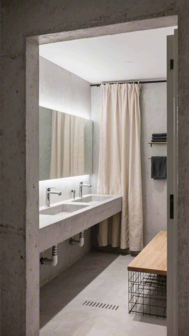 Medium shot from doorway: Concrete cool bathroom wrapped in light gray concrete plaster, featuring a long concrete trough vanity with precise slot-style drains and exposed but tidy bottle traps; brushed stainless fixtures; natural oatmeal-toned linen shower curtain softening the industrial edges; slim oak bench alongside a wire-frame shelf holding charcoal towels; a linear mirror light washing the wall evenly; modern, textural, softly industrial; no people, photorealistic.