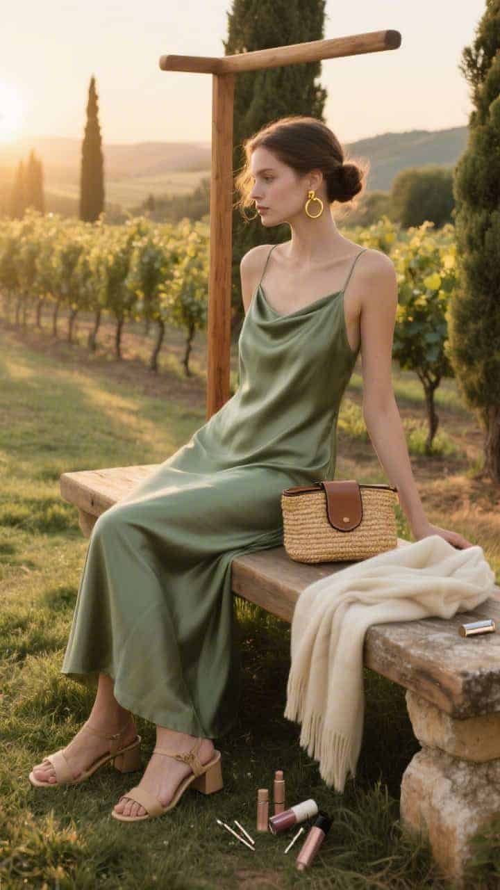 Medium shot, golden-hour outdoor scene between cypress trees and vineyard rows: a flowing sage/olive silk slip dress draped on a wooden valet stand beside a rustic bench. On the bench: a straw clutch with leather trim, gold hoop earrings, and a soft cream shawl folded. Latte-colored block-heeled sandals positioned on grass. Loose chignon hairpins and dewy-finish makeup items (gloss, highlighter) on a small stone ledge. Warm, low sun catching the silk’s sheen; soft Tuscan breeze implied by gentle fabric movement. Photorealistic, straight-on angle.