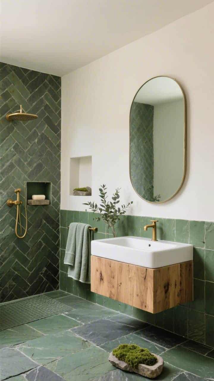 Medium shot: Grounded green slate sanctuary with green slate tiles on the floor and as a half wall, warm white upper walls; a simple oak block vanity with a white integrated sink; natural brass fixtures that will patina; frameless mirror with rounded corners; slate herringbone niche back adds subtle contrast in the shower; a stone soap dish and a small mossy plant; eucalyptus-toned towels; calm, earthy lighting, photorealistic.