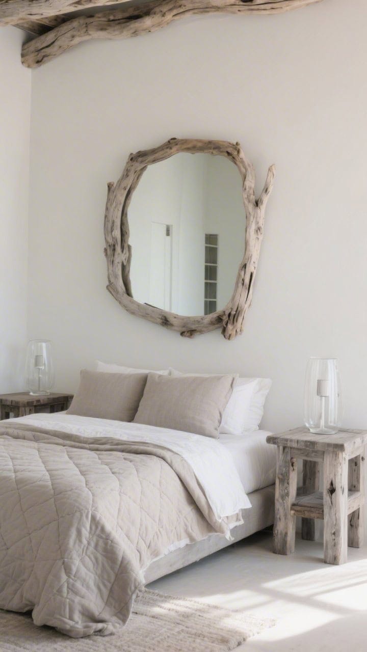 Medium shot highlighting weathered driftwood minimalism: bed and side tables in weathered grey oak; stonewashed linen duvet in mushroom/greige/pearl tones with light quilting; large driftwood-framed statement mirror above; simple clear glass lamps that visually disappear; soft, diffused daylight creating an understated, organic coastal feel.